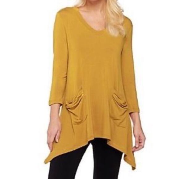 Logo Lori Goldstein Yellow Long Sleeve Asymmetrical Top - Picture 1 of 5
